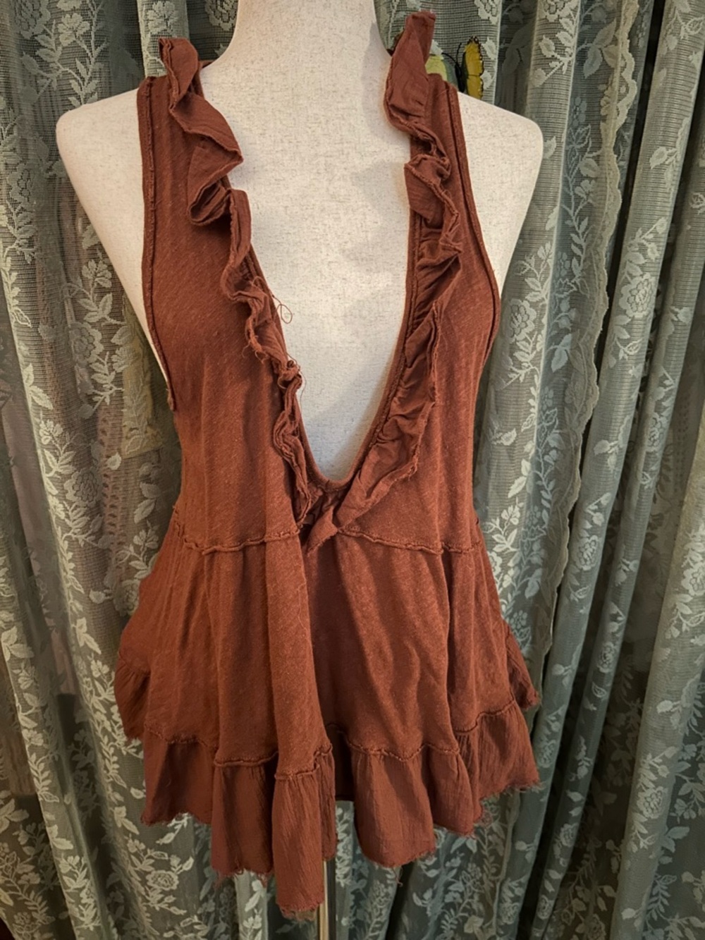 Free People Ruffle Distressed Deep-V Women’s Tank Top